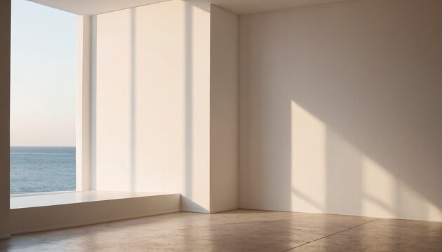 empty white room wall with shadow and light from windows, white interior background for product presentation, minimalist style, modern interior concept
