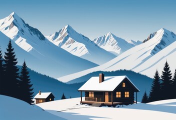 A cozy cabin tucked away in a snowy mountain landscape