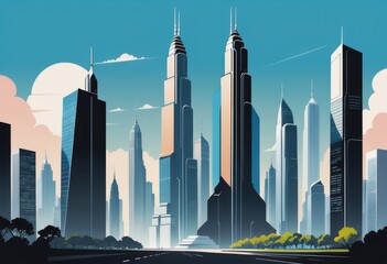 A futuristic cityscape dominated by towering skyscrapers