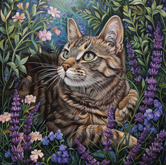 A playful tabby cat amidst a garden of catnip and lavender, with a whimsical - obrazy, fototapety, plakaty