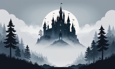 A mystical castle in a foggy forest