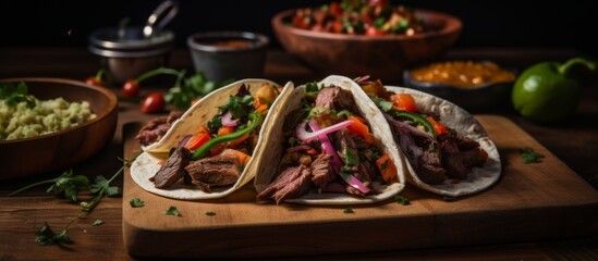 A rustic wooden cutting board showcasing three delicious and freshly made tacos