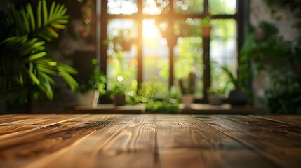 Close-up view of a wooden table surface, with the background featuring a blurred view of a window and indoor plants, creating an atmosphere of natural light and greenery