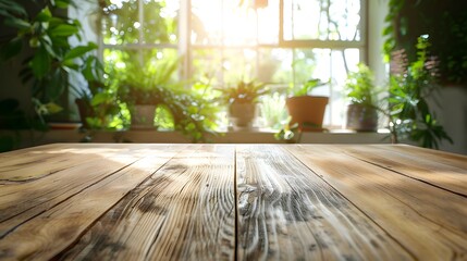 Close-up view of a wooden table surface, with the background featuring a blurred view of a window and indoor plants, creating an atmosphere of natural light and greenery
