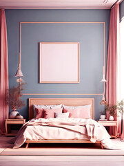A living room with a pink wall and couch with frame template.