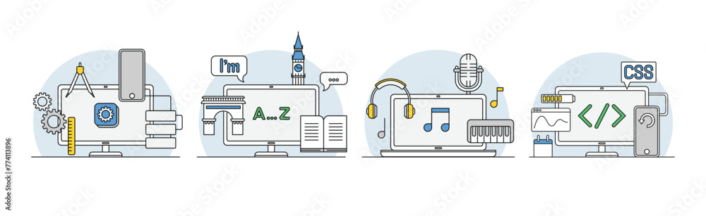 Poster online webinar and computer course training vector set