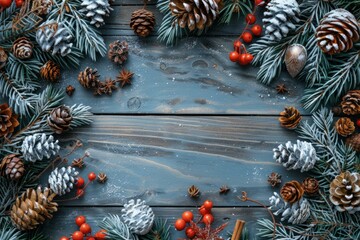 Flat Lay of Winter Holiday Decorations with Empty Space in Middle

