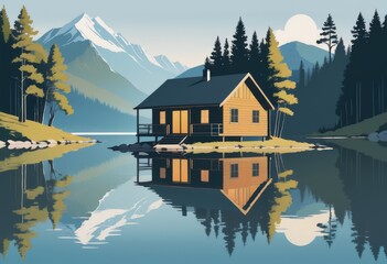 Fototapeta premium A peaceful lakeside cabin with its reflection mirrored in the water
