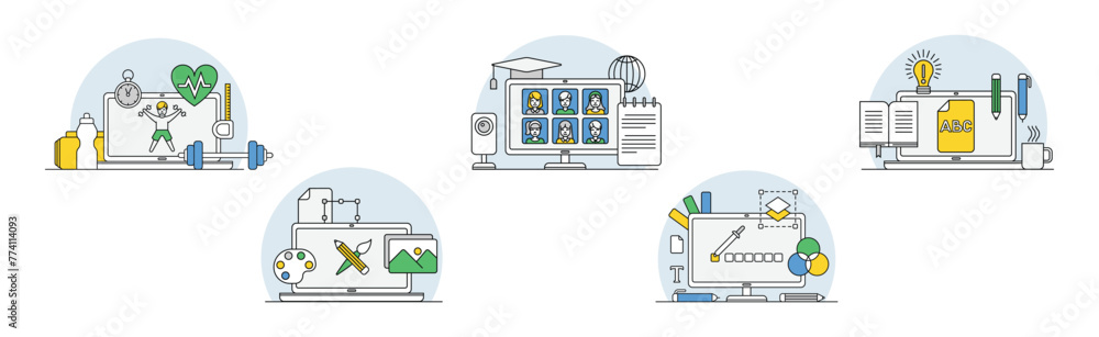 Poster online webinar and computer course training vector set