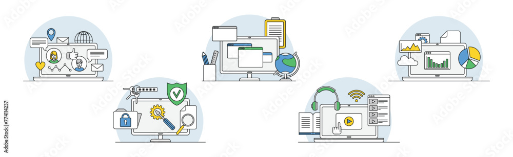 Poster online webinar and computer course training vector set