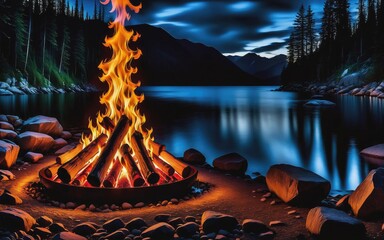 Glowing flames illuminate the dark night, providing warmth for the outdoor adventure - obrazy, fototapety, plakaty