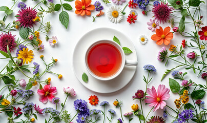 cup of herbal tea and summer wild flowers wallpaper seen from above  - obrazy, fototapety, plakaty