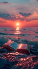 Impressionistic Book Binding Floating on Vibrant Ocean Sunset Horizon - obrazy, fototapety, plakaty