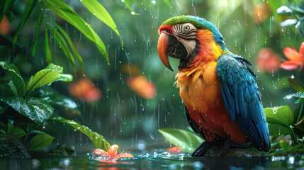 A colorful parrot is perched on a branch in the rain. The parrot is surrounded by green leaves and red flowers.