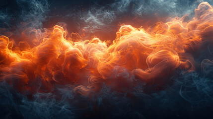 The image shows a firestorm. The flames are orange and yellow, and the smoke is blue and white. The fire is in the middle of the image, and the smoke is swirling around it. The background is black. - obrazy, fototapety, plakaty
