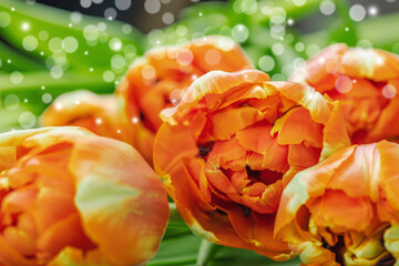 Bright orange tulips on a pastel green background. Festive concept for Mother's Day or Valentine day