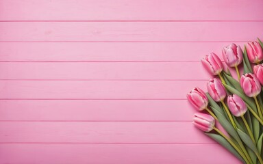 A wooden pink backdrop adorned with fresh spring tulips, accentuated by a heart-shaped decoration with empty copy space