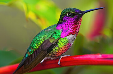 A closeup of an iridescent hummingbird perched on the edge of its colorful tail feathers, with green foliage softly in focus behind it.