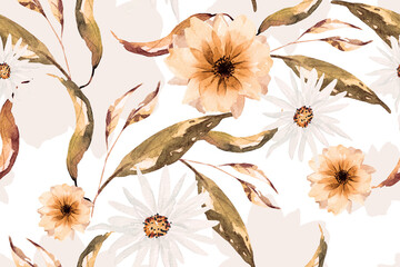 Seamless pattern of autumn flowers painted in watercolor on white background.For fabric luxurious and wallpaper, vintage style.Hand drawn botanical floral pattern.