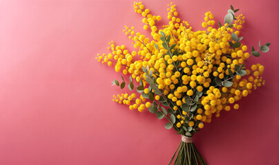 bouquet of yellow mimosa flowers on pink pastel background with copy space, seen from above,	