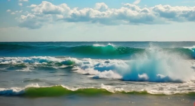 3d view of beautiful big ocean or sea waves in bright blue summer