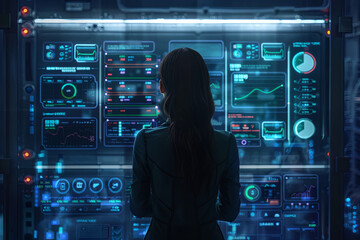 A female operator looking at the screens filled with various dashboard - obrazy, fototapety, plakaty