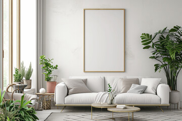 A white couch and coffee table are the main features in a modern living room setting - obrazy, fototapety, plakaty