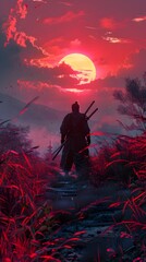 Obraz na płótnie Canvas Mystic Warrior s Silhouette Brandishes Sword Amid Captivating Sunset and Dusk Landscape