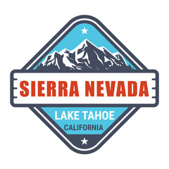 Sierra Nevada USA mountain range, California, emblem with lake tahoe and snow covered mountains, vector - obrazy, fototapety, plakaty