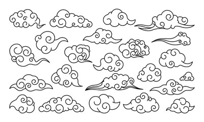 Mystic clouds, elements of traditional oriental cloudy ornament, asian style sky, vector