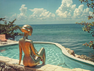 costume party alien chilling by the pool, vintage look, on holiday / vacation in the summer