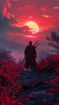 Mystic Warrior s Silhouette Brandishes Sword Amid Captivating Sunset and Dusk Landscape