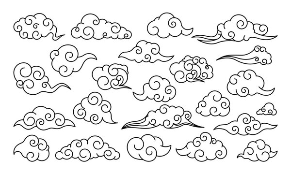 Mystic clouds, elements of traditional oriental cloudy ornament, asian style sky, vector