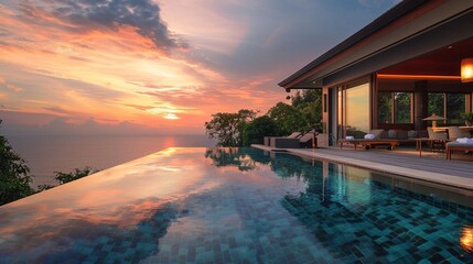 Fototapeta premium Luxurious Pool Villa Penthouse: Sunset Ocean View