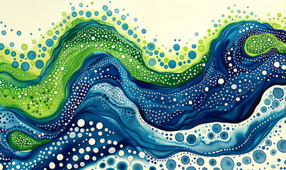 abstract watercolor illustration wallpaper in tones of green and blue and dots / circles 