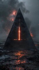 Ominous Pyramid of Cosmic Cataclysm Amidst Turbulent Skies and Fiery Glow