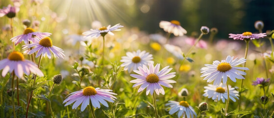 Morning Daisy Flowers: Meadows Sunrise with Sunrays