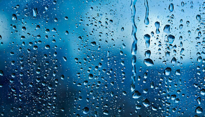 Blue in color, water droplets flowing down the glass. Abstract background.