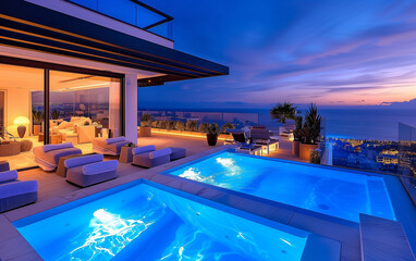 Fototapeta na wymiar Luxury villa swimming pool by the sea,created with Generative AI tecnology.