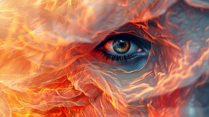 Piercing Gaze of a Mystical Specter Through the Veil of Surreal Flames and Embers
