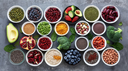 A flat lay of various healthy foods such as fruits, vegetables, and grains arranged in rows on a grey background