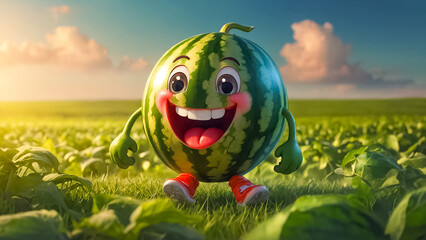 cute happy cartoon watermelon in nature