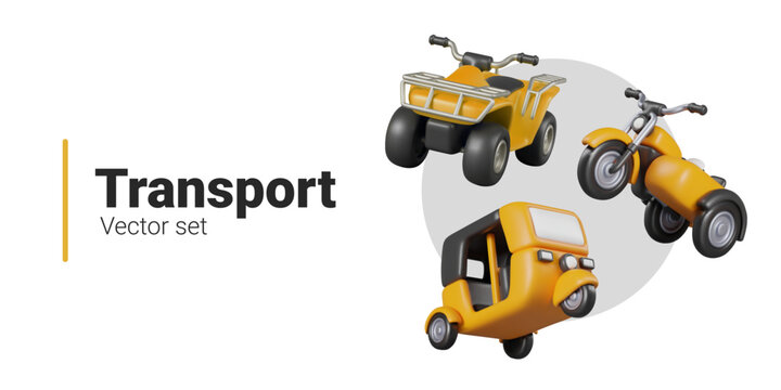 Set of 3D yellow vehicles in floating position. Quad bike, auto rickshaw, tricycle with sidecar