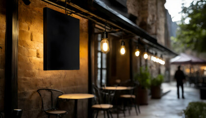 Black sign outside a restaurant mockup, high quality photography on digital art concept, Generative AI.