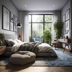 Bedroom interior in modern house in Scandinavian style.