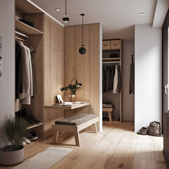 Scandinavian style wardrobe interior in modern house.