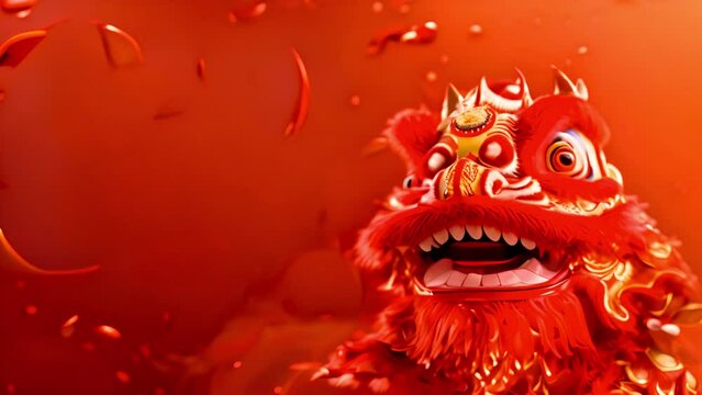 Chinese dragon red background. Chinese New Year. Lunar New Year of Dragon 2024. Lunar New Year video Celebration. Chinese new year background. Chinese lion dancer 4k copy space