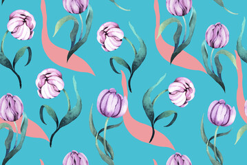 Seamless pattern of tulips and blooming flower with watercolor.Designed for fabric and wallpaper, vintage style.Hand drawn floral pattern.Botany background.