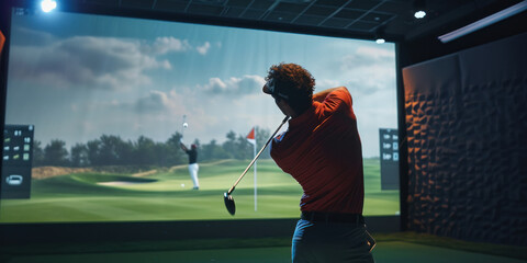 Naklejka premium Man Playing Golf In Indoor Simulator Room, Hitting Ball on Screen in Virtual Golf Course Simulation