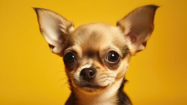 Small, light brown chihuahua dog with short, smooth fur looking at camera with its ears perked up. Dog standing in front of solid yellow background. Dog has dark brown eyes, black nose.